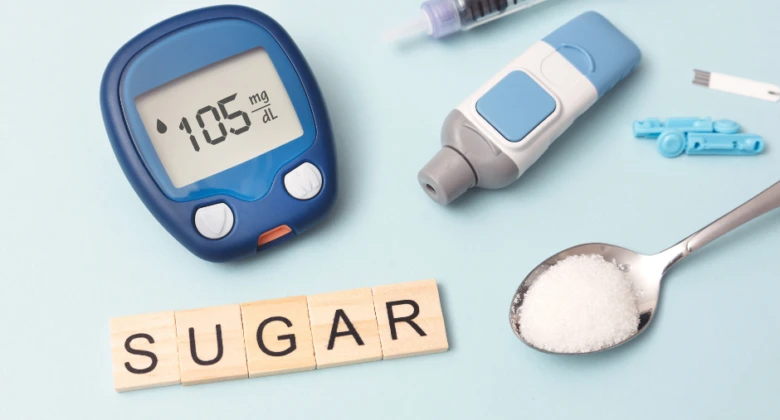 Nástroje pro monitorování cukrovky s glukometrem a slovo SUGAR.