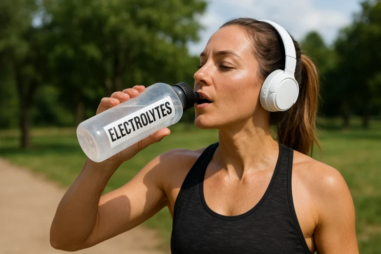 Žena pije vodu s doplněnými elektrolyty venku.
