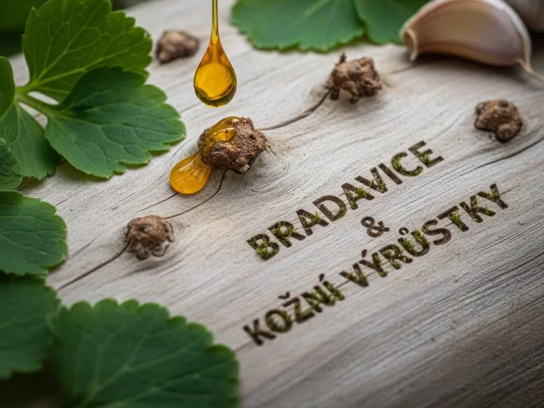Přírodní léčba bradavic s olejem na dřevěném povrchu.