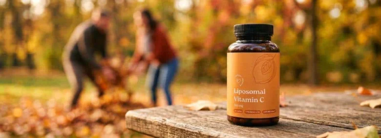 Fialová lahvička lipozomálního vitamínu C na dřevěné desce.