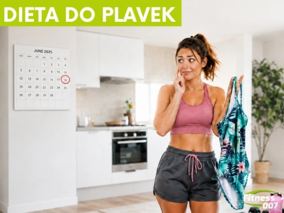 Žena v sportovním oblečení drží plavecký kostým vedle kalendáře.