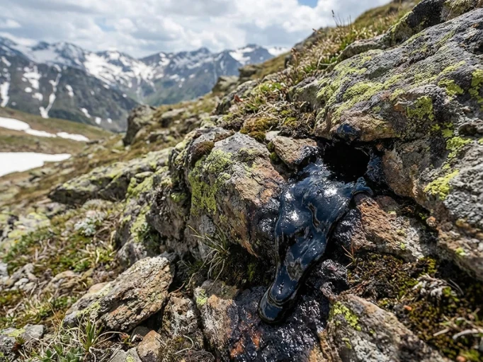 Černý mumio (shilajit) tekoucí z horního skály v horách.
