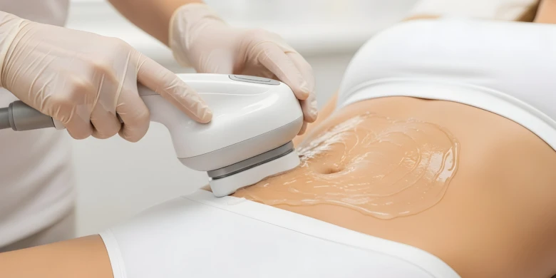 Lékař používá přístroj pro liposukci na břiše pacienta.