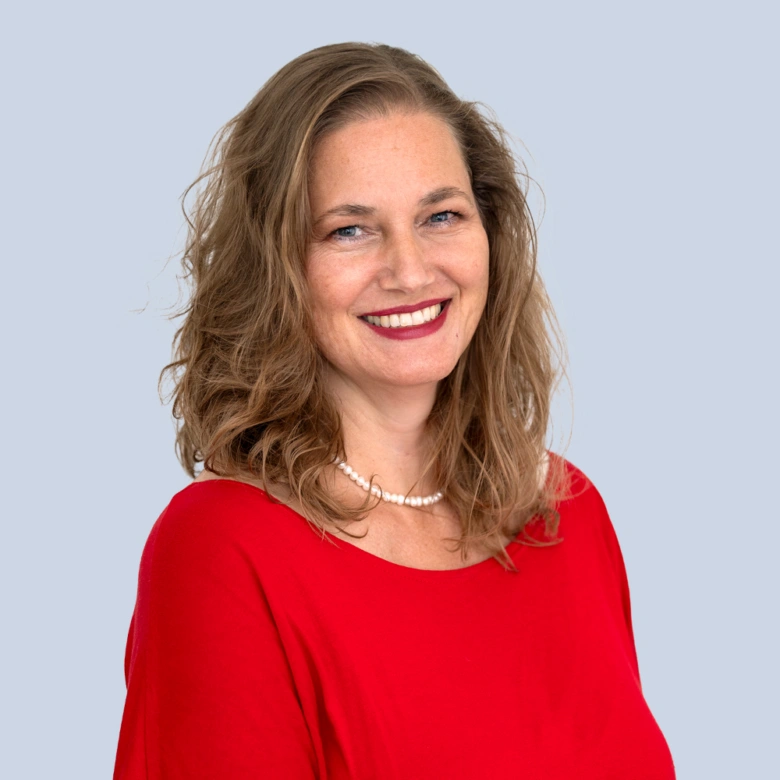 Smiling woman in red top