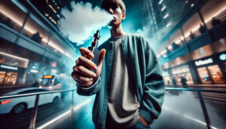 Mladý člověk vapuje elektronickou cigaretou na ulici v noci.