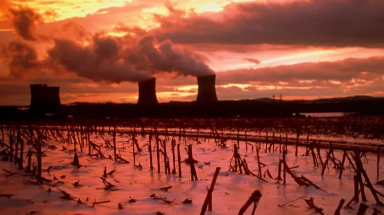 Nuclear power plant at sunset