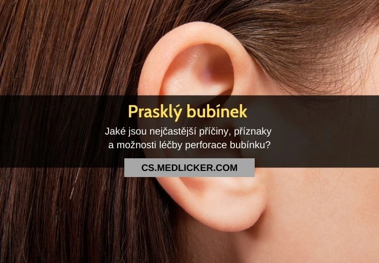 Ušní bubínek zezadu s nadpisem o prasklém bubínku