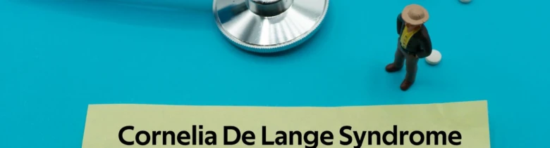 Malý figurka lékaře s textem Cornelia De Lange Syndrom na modrém pozadí.