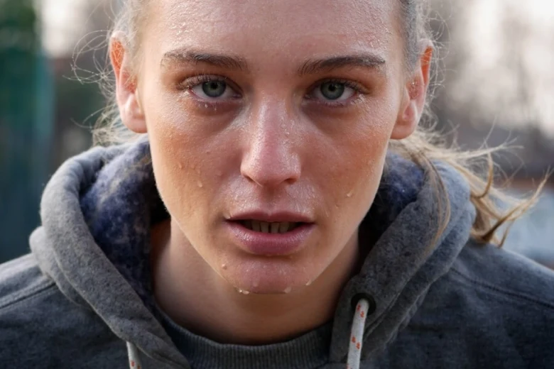 Woman with sweat and dry skin