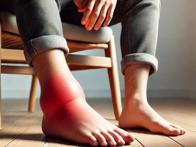 Oteklá noha s červeností u osoby sedící na židli.