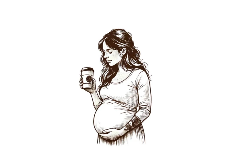 Těhotná žena s šálkem kávy, ilustrace o vlivu kofeinu.