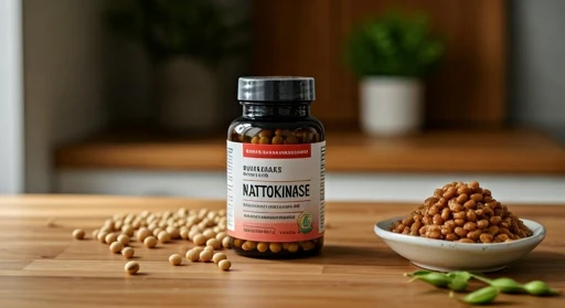 Fľaše s nattokináze, sójové boby a natto na dřevěné desce.