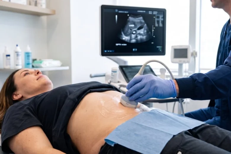Ultrazvukové vyšetření břicha pacienta v ordinaci.