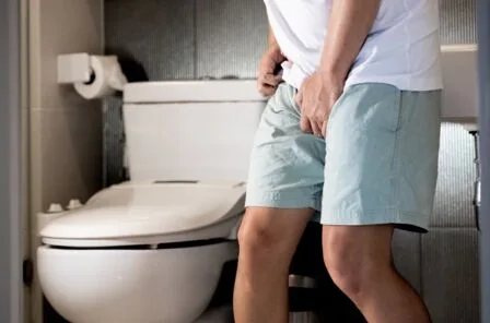 Muž v koupelně drží za varlata při vyšetření prostaty.